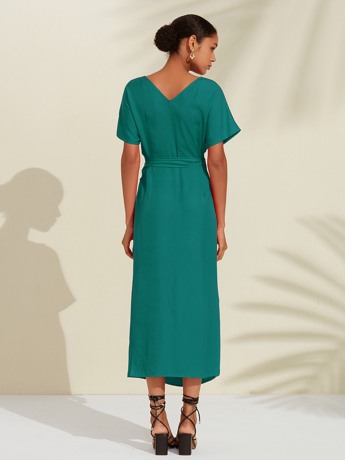 Tencel Linen Orange Red  Shirred Wrap Midi Dress