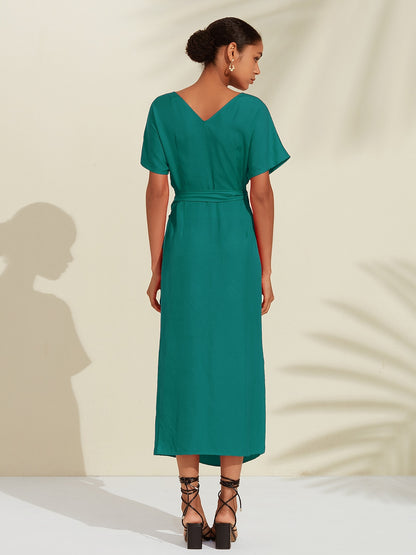 Tencel Linen Orange Red  Shirred Wrap Midi Dress