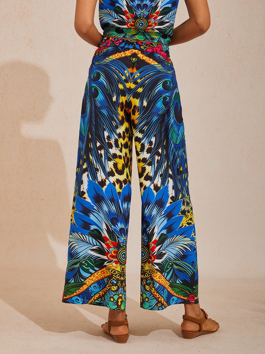 Vacation Leopard Feather Print Elastic Waist Satin Straight Pants