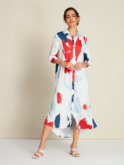 Satin Rainbow Block Pattern Maxi Shirt Dress