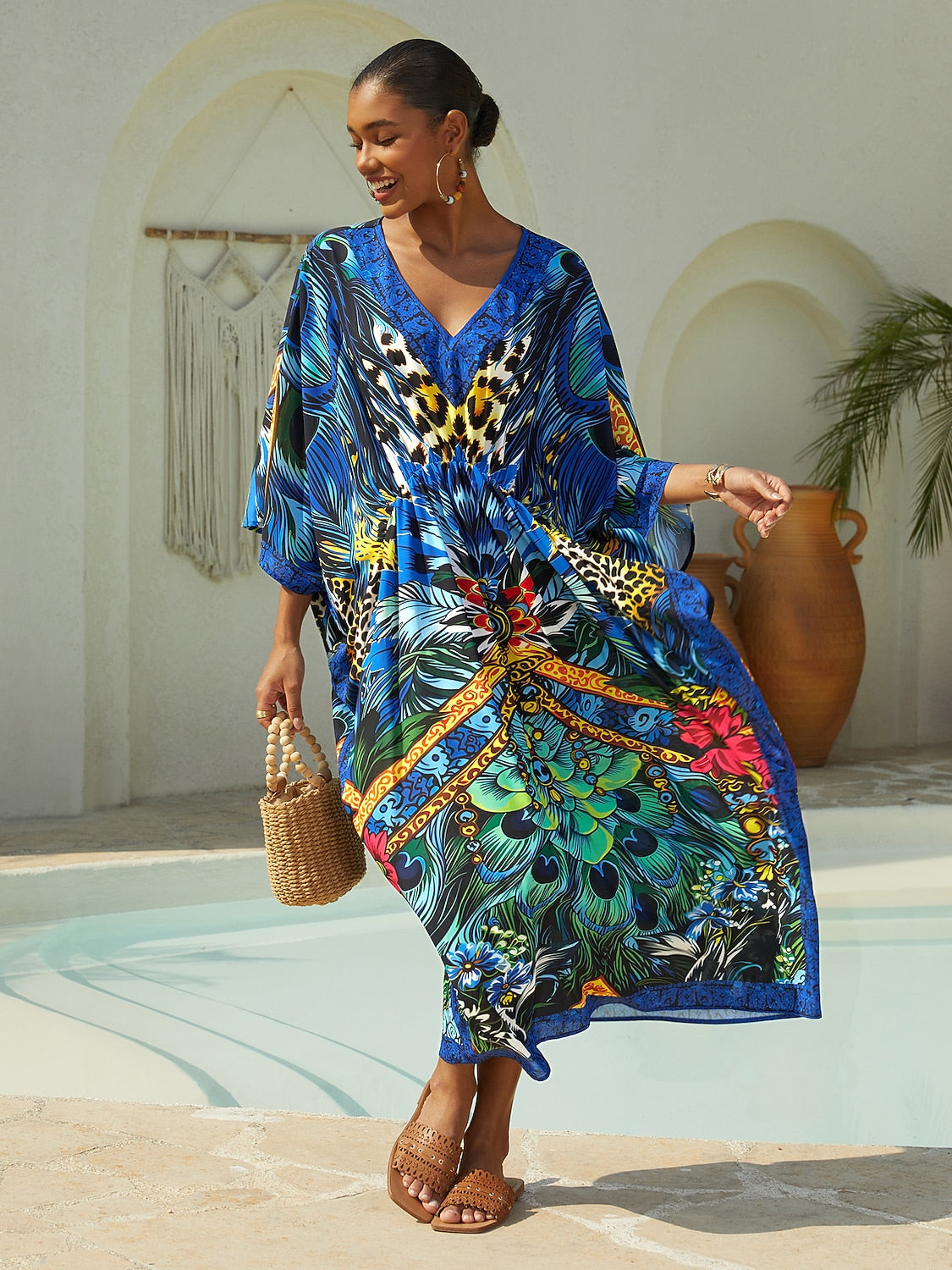 Vacation Feather Leopard Print Dolman Sleeve Chiffon Maxi Dress