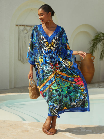 Vacation Feather Leopard Print Dolman Sleeve Chiffon Maxi Dress
