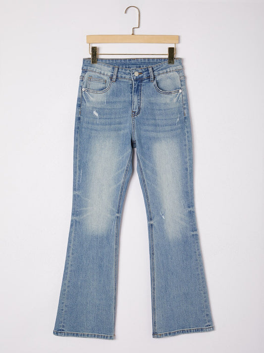 Cotton Stretch Flared Jeans High Waist Frayed Hem Denim Pants