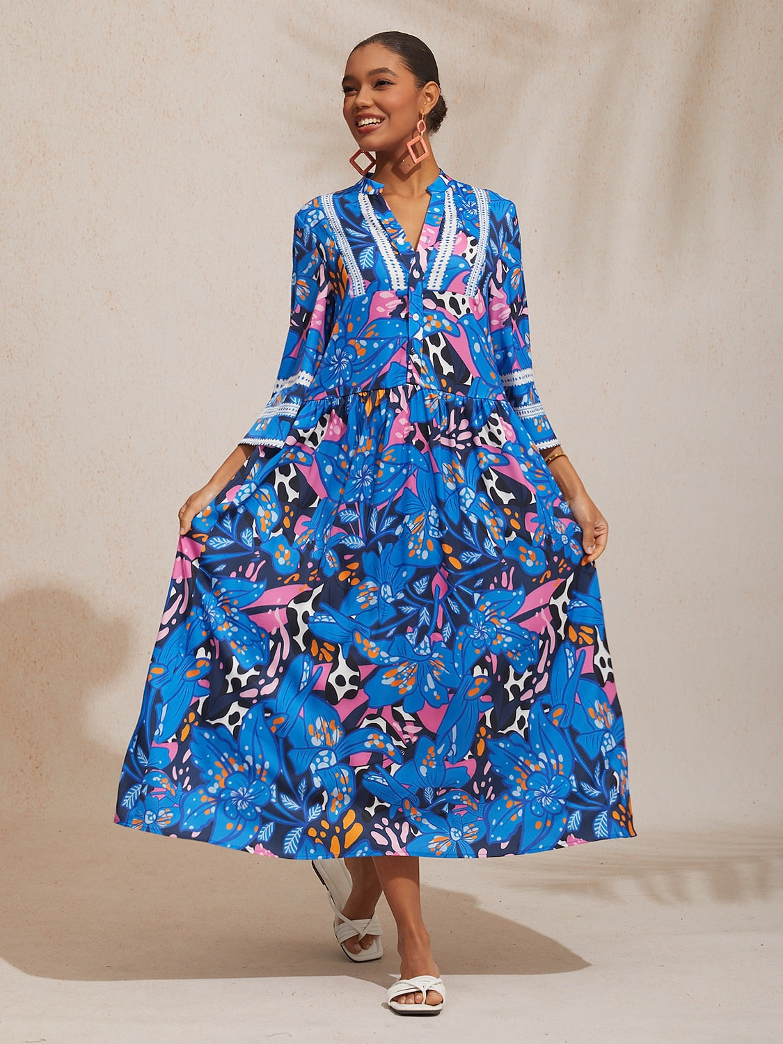 Vacation Abstract Color Dot Floral Loose fit Satin Maxi Dress