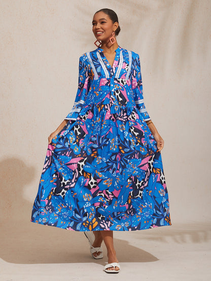 Vacation Abstract Color Dot Floral Loose fit Satin Maxi Dress