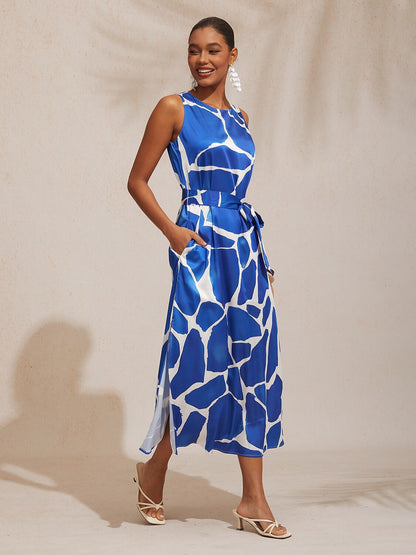 Vacation Geometric Color Block Print Straight Fit Satin Maxi Dress