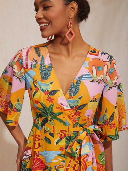 Vacation Beach Print Crisscross Tie Straps Satin Maxi Dress