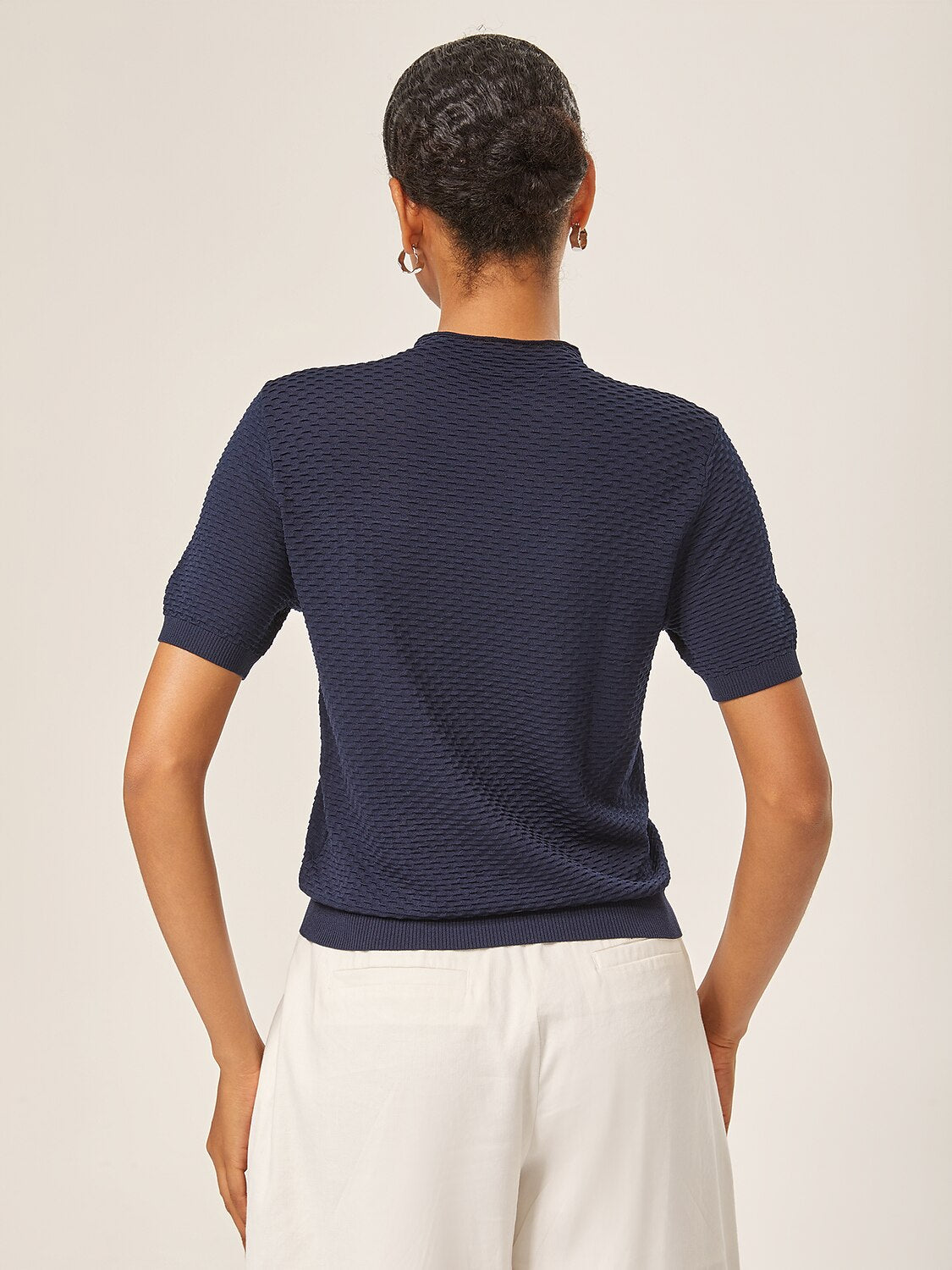 Luxe Textured 3D Jacquard Knit Navy Blue Top