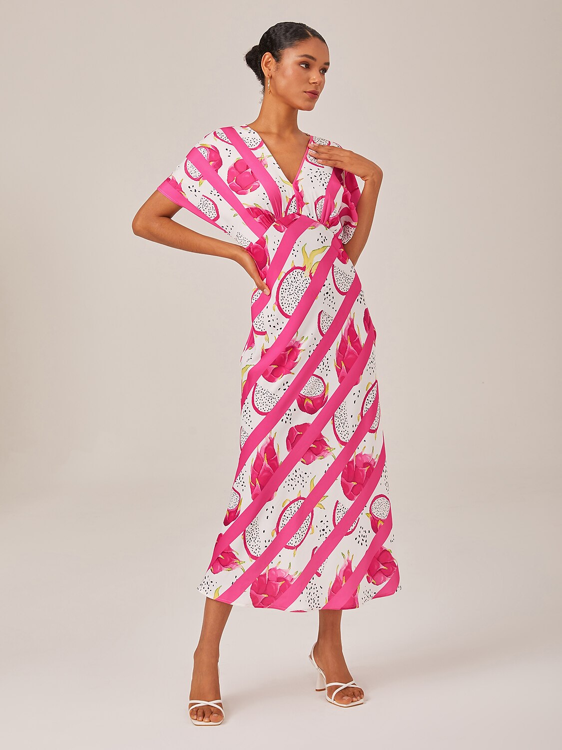 Satin Dragon Fruit Stripes Print Vacation Batwing Maxi Dress