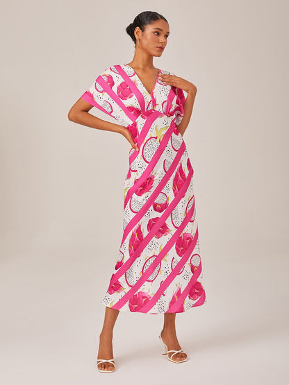 Satin Dragon Fruit Stripes Print Vacation Batwing Maxi Dress