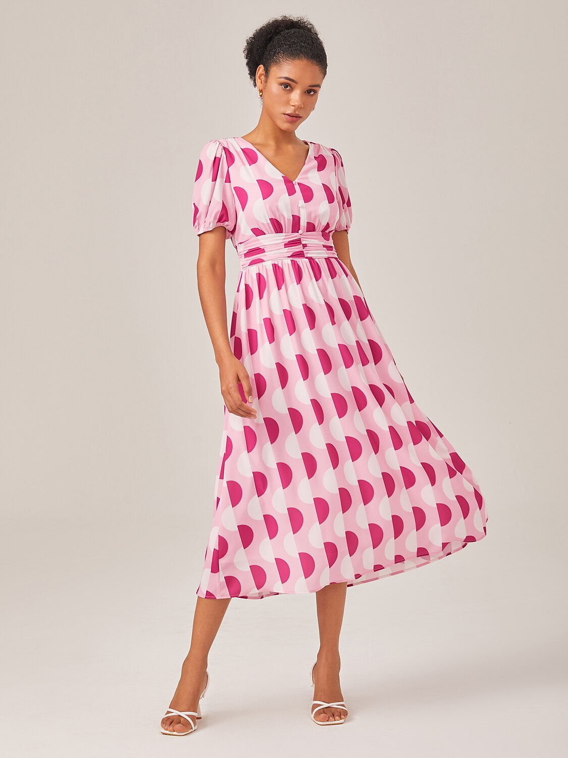 Pink Polka Dot Geometric Print Cinched Waist Dress