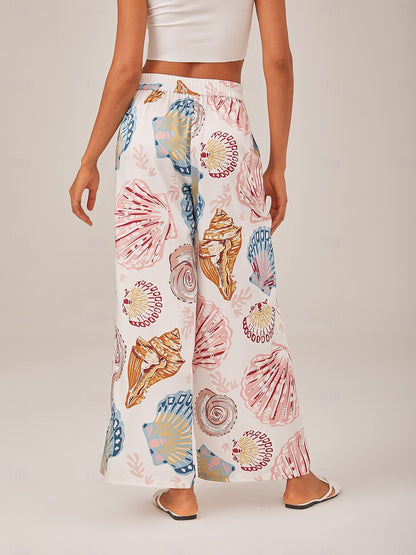 Shell Print Elastic Waist Wide Leg Pants
