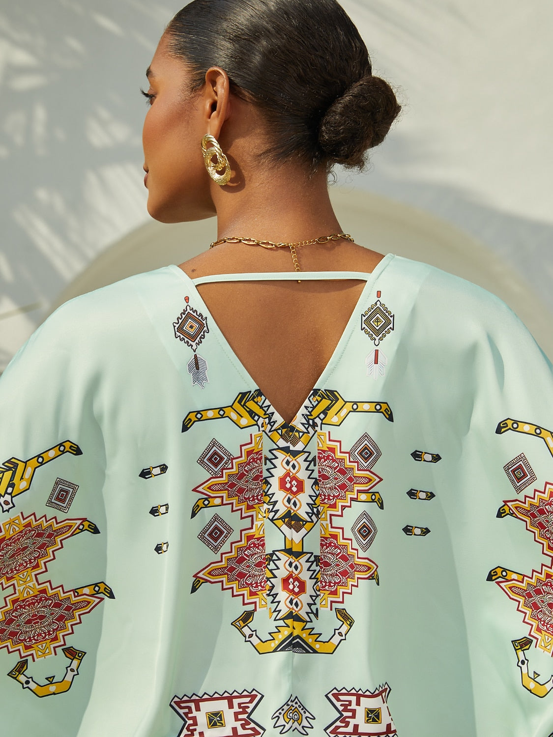 Vacation Vintage Geometric Print Satin Dolman Sleeve Short Top