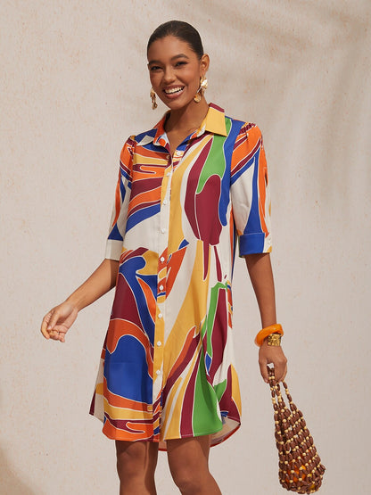 Vacation Geometric Color Block Pattern Straight Satin Shirt Dress