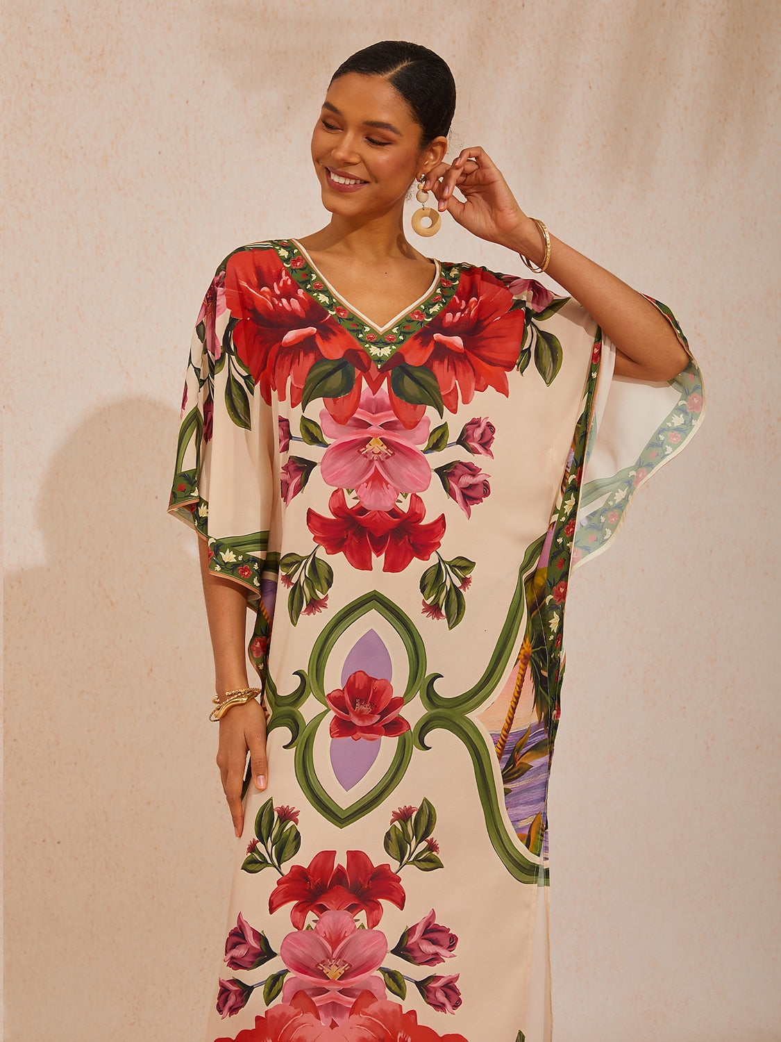 Vacation Placement Floral Batwing Sleeve Chiffon Maxi Dress