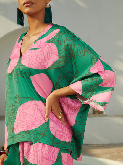 Vacation Contrast Geometric Print Dolman Sleeve Satin Top