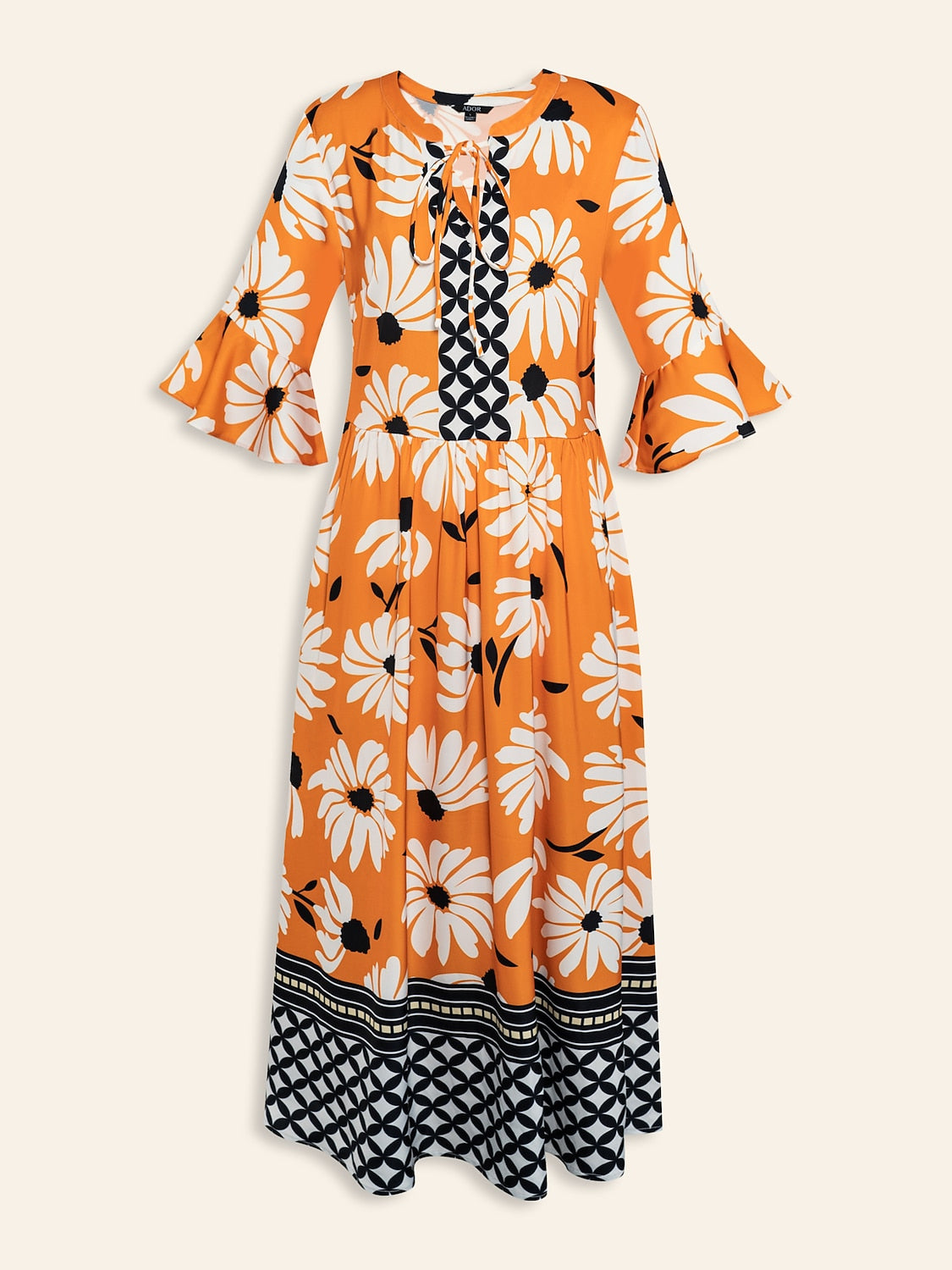 Satin Vacation Geometric Pattern 3/4 Length Sleeves Maxi Dress