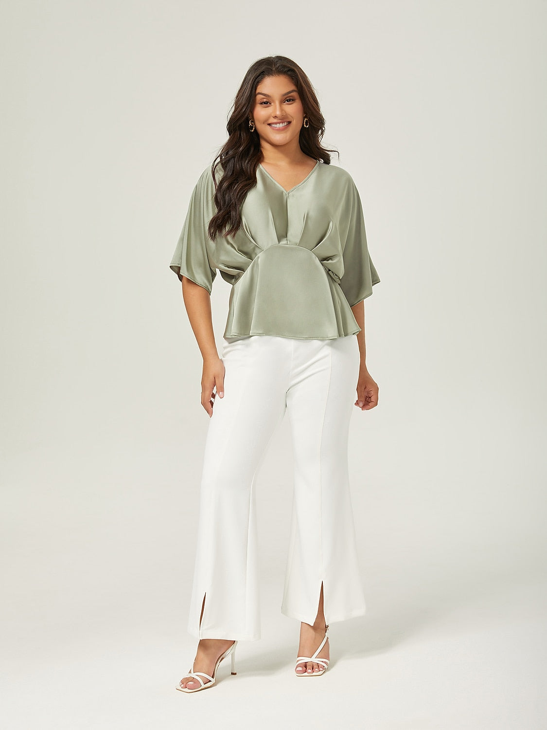 Satin Dolman Sleeve Inverted Pleat V-Neck Top
