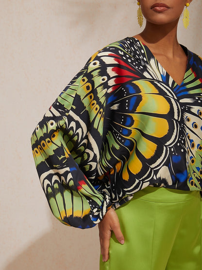 Vacation Butterfly Print Dolman Sleeve Satin Top