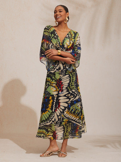 Vacation Butterfly Print Waist Defined Chiffon Maxi Dress