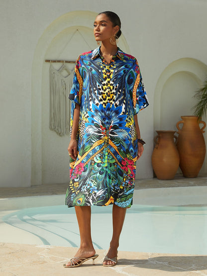 Vacation Feather Leopard Print Dolman Sleeve Fit Chiffon Shirt Dress