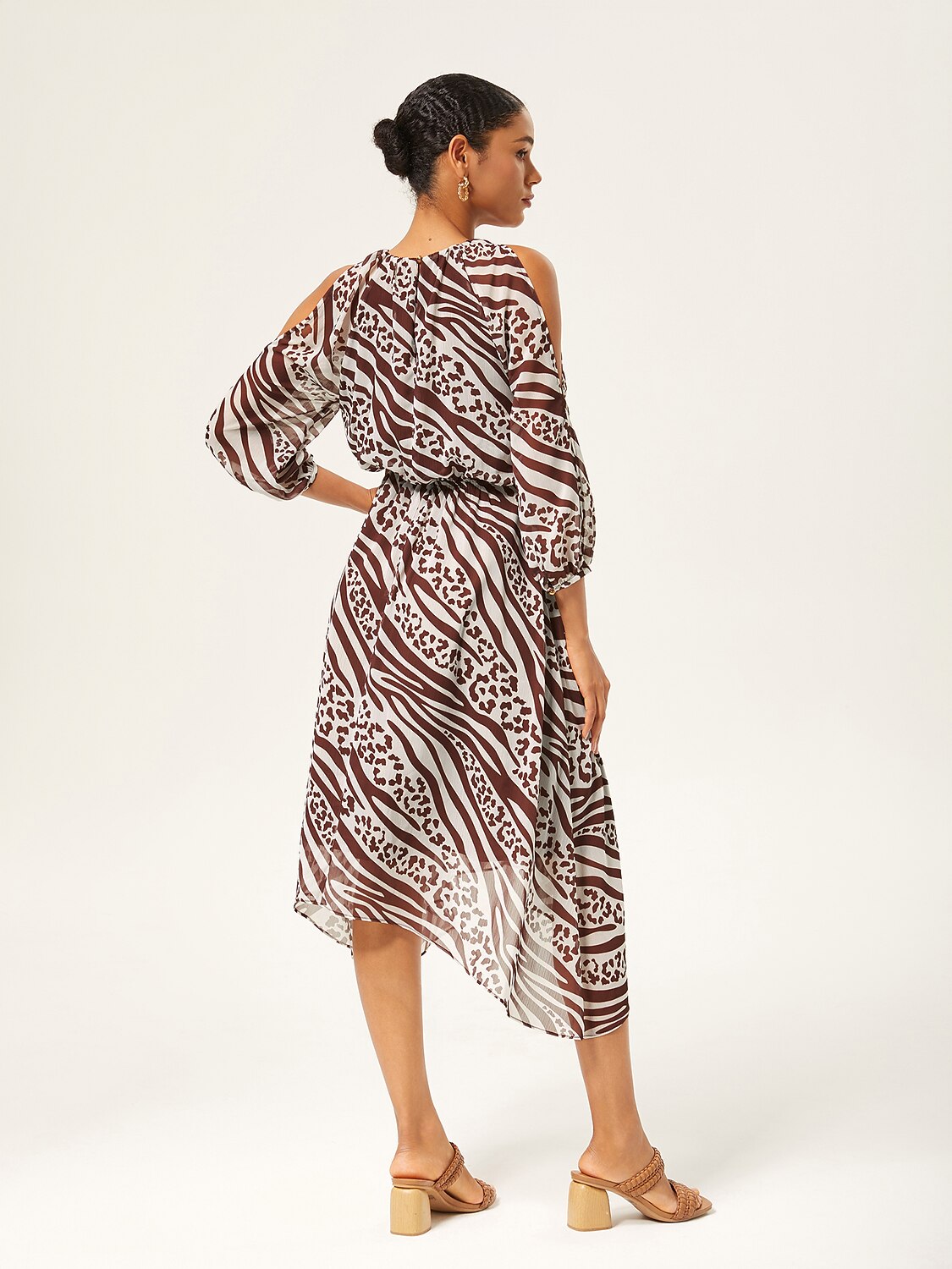 Animal Print Ruched Three Quarter Sleeve Dress