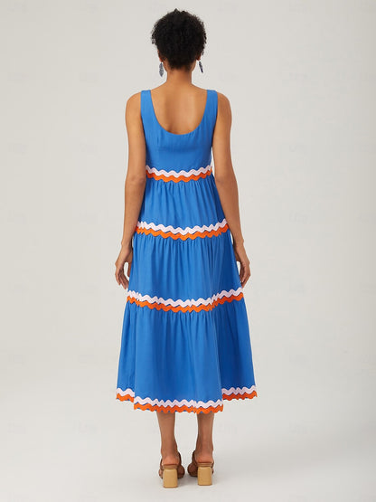 Tencel Layered Ruched Color-Block Webbing Dress