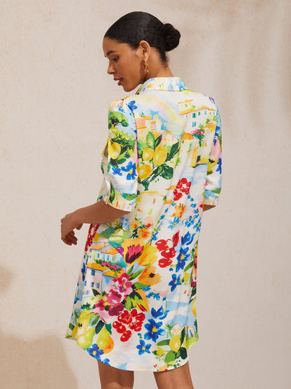 Vacation Scenic Floral Print Straight Satin Shirt Dress