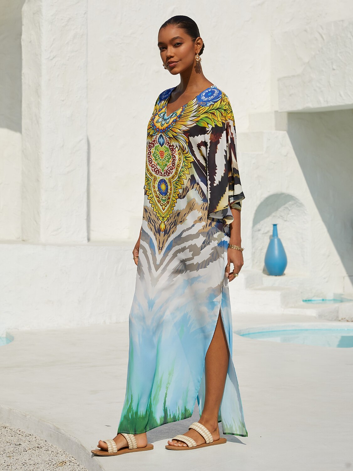 Vacation Gradient Leopard Motif Batwing Sleeve Slit Chiffon Maxi Dress