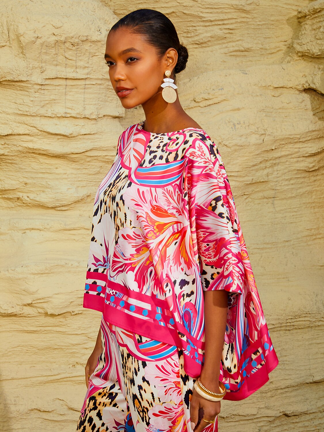 Summer Night Palm Silky Satin Dolman Sleeve Top