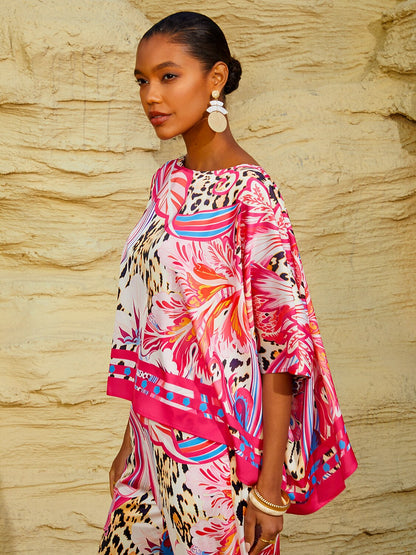 Summer Night Palm Silky Satin Dolman Sleeve Top