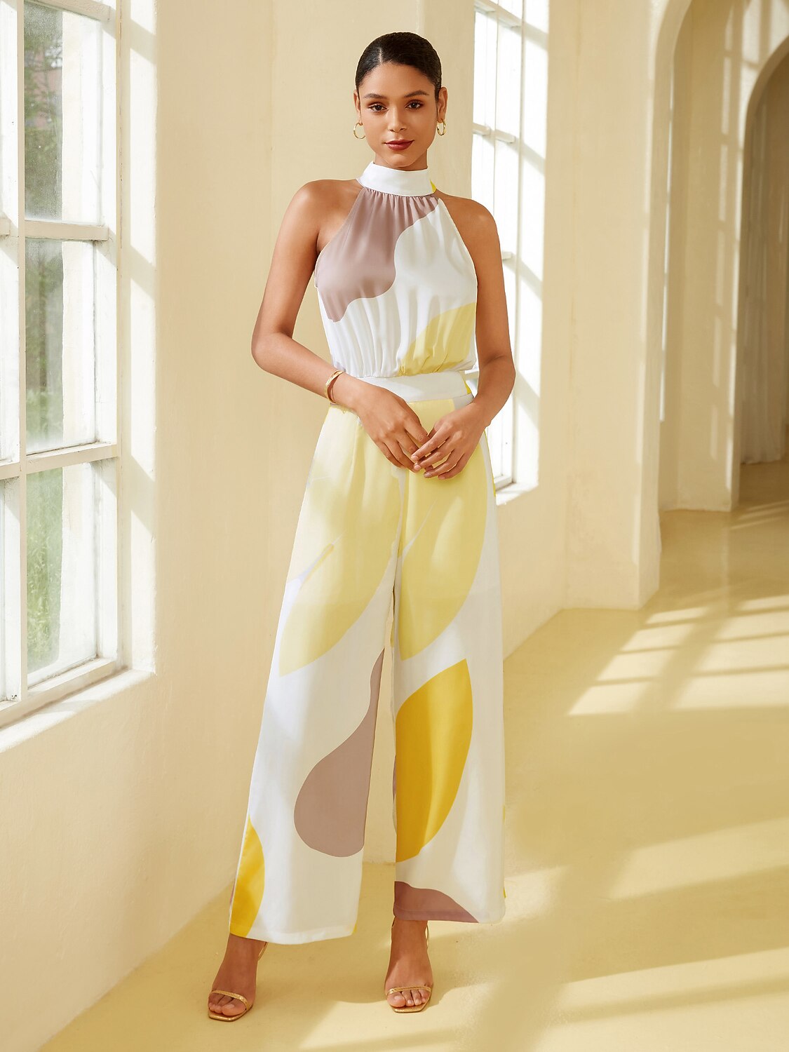 Satin Abstract Pattern Print Twist Jumpsuit