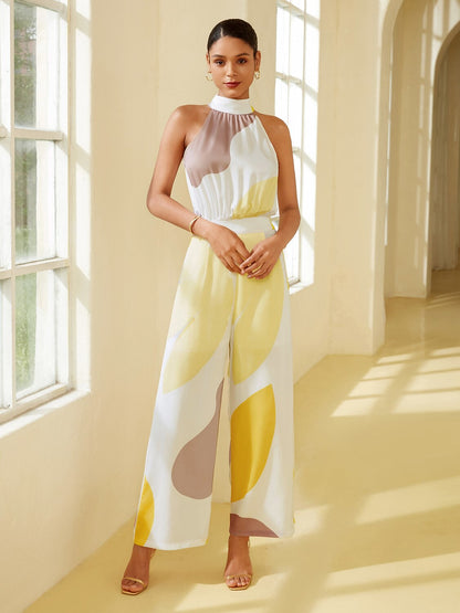 Satin Abstract Pattern Print Twist Jumpsuit