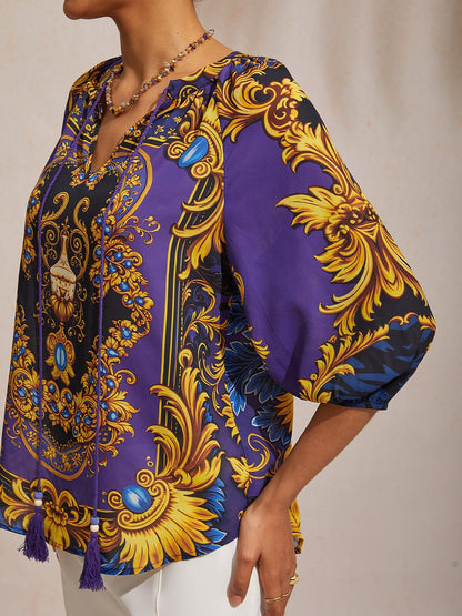 Midnight Blue Baroque Chiffon Three Quarter Sleeve Top