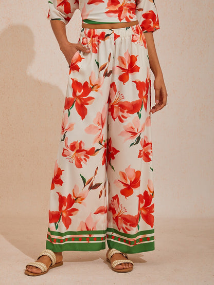 Vacation Color-Block Floral Elastic Waist Satin Wide leg Pants