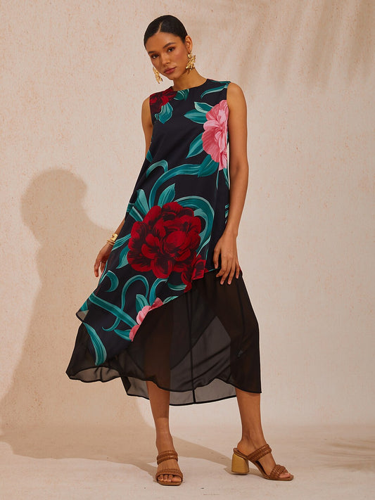 Vacation Artistic Floral Faux Layered Chiffon Maxi Dress