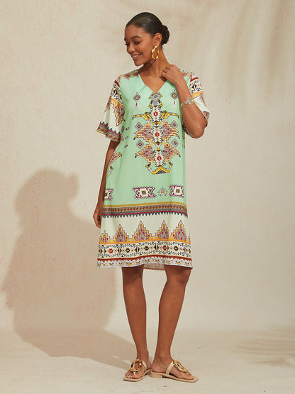 Vacation Vintage Ethnic Geometric Pattern Satin Midi Dress