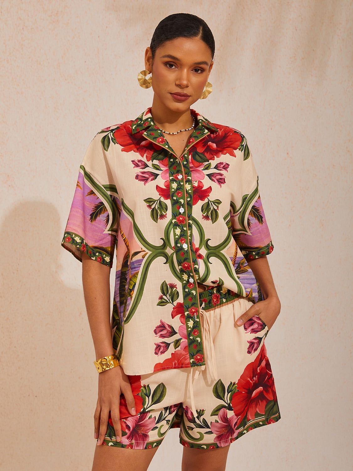 Vacation Placement Floral Turn-down Collar Linen-like Short Sleeve Shirt