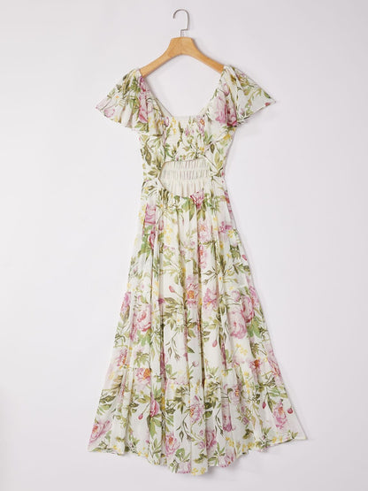 Elegant Floral Print Chiffon Flowy V-Neck Backless Maxi Dress