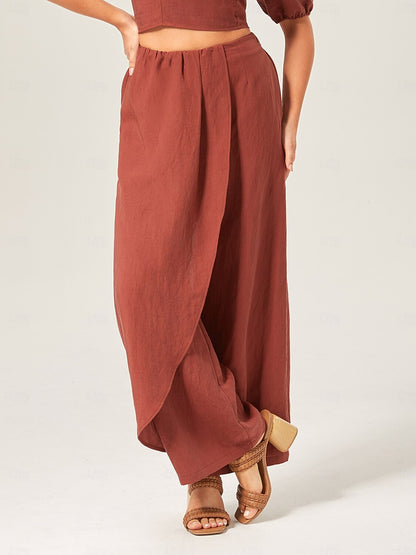 Lyocell-Blend Broadcloth Solid Color Loose Long Pants
