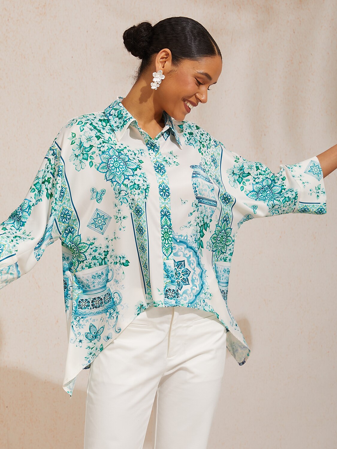 Vacation Scenic Floral Print Dolman Sleeve Chiffon Short Shirt