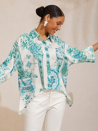 Vacation Scenic Floral Print Dolman Sleeve Chiffon Short Shirt