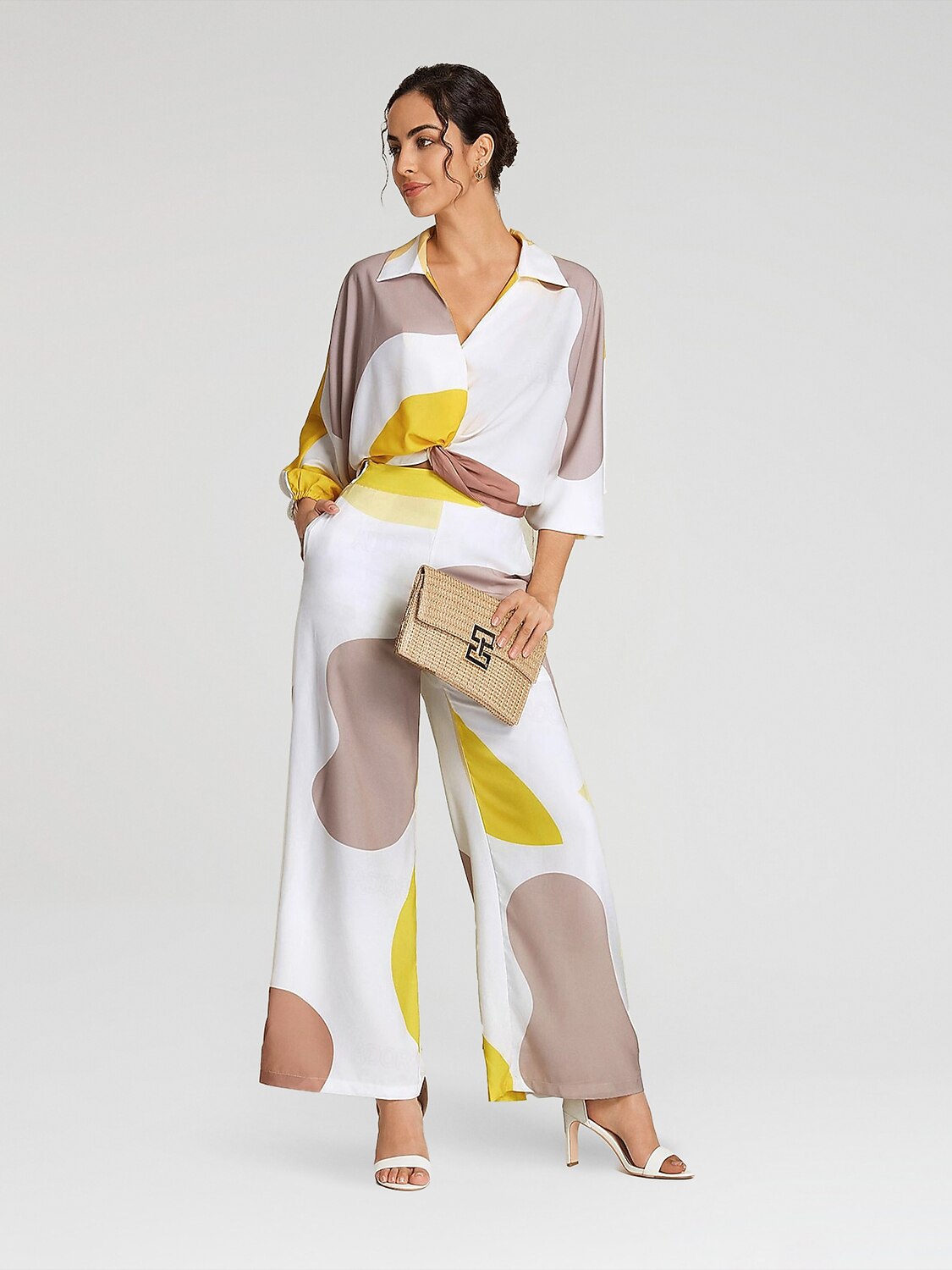 Satin Contrast Knot Front Balloon Sleeve Shirt