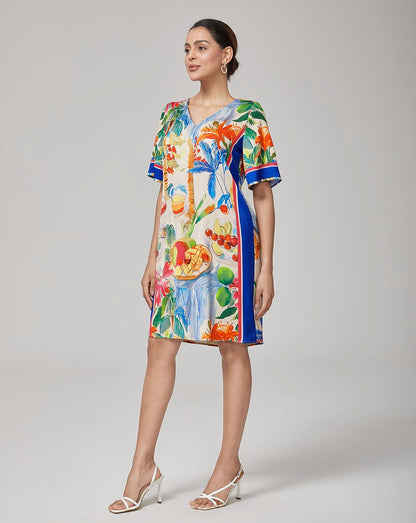 Fruit Floral Straight V-Neck Mini Dress