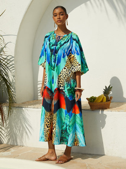 Vacation Leopard Feather Motif Straight Fit Chiffon Maxi Dress