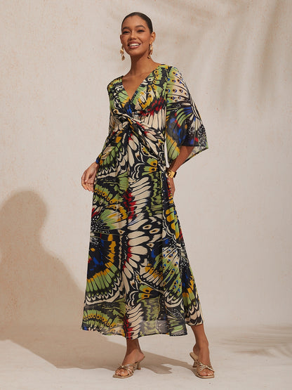 Vacation Butterfly Print Waist Defined Chiffon Maxi Dress