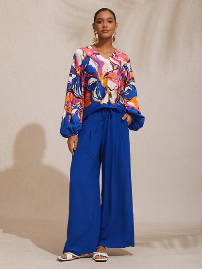 Vacation Artistic Floral Dolman Sleeve Satin Top