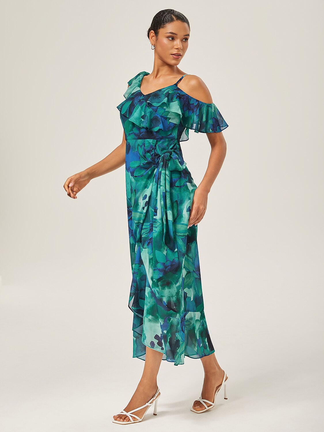 Chiffon Floral Print Ruffled Tie-Front Midi Dress