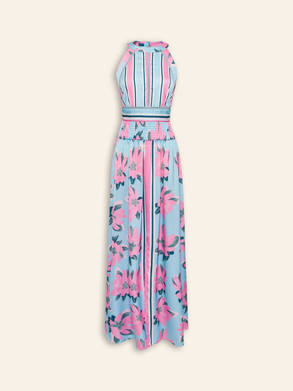 Satin Print Halter Backless Maxi Dress
