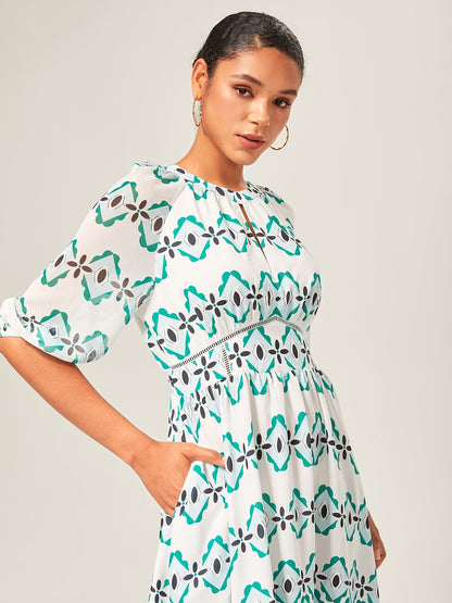 Geometric Cinched Waist Midi Dress